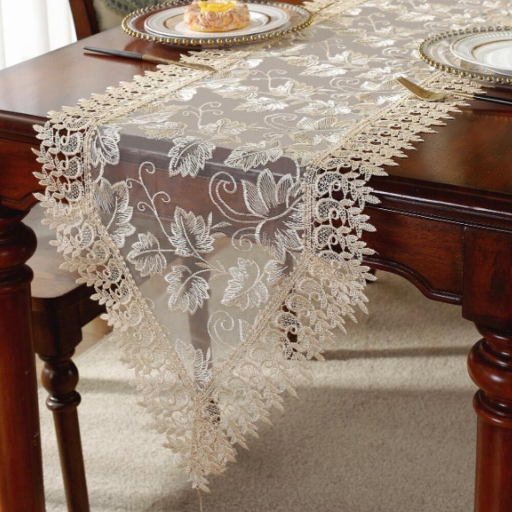 1pc Floral Embroidered Tassel Decor Table Runner, Modern Polyester Kitchen Table